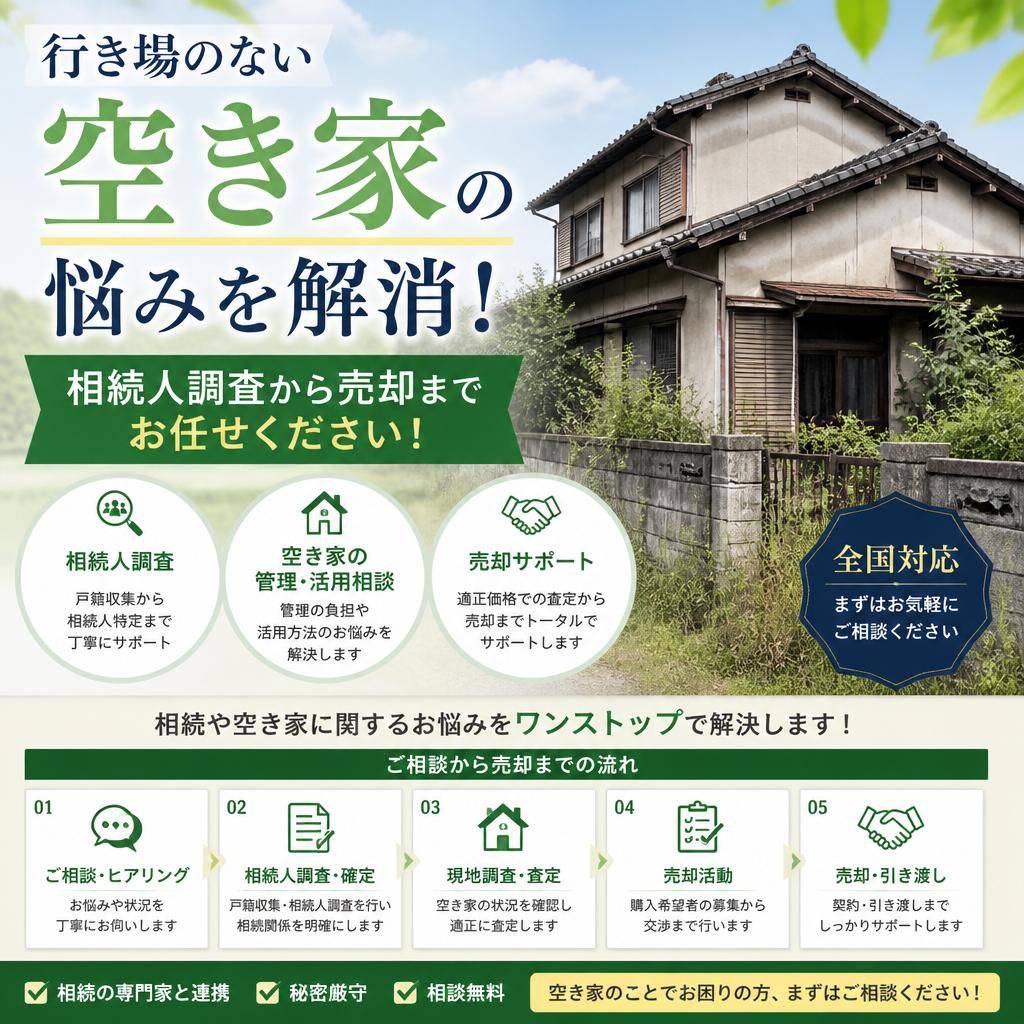 行き場のない空き家の悩みを解消！相続人調査から売却までお任せください！